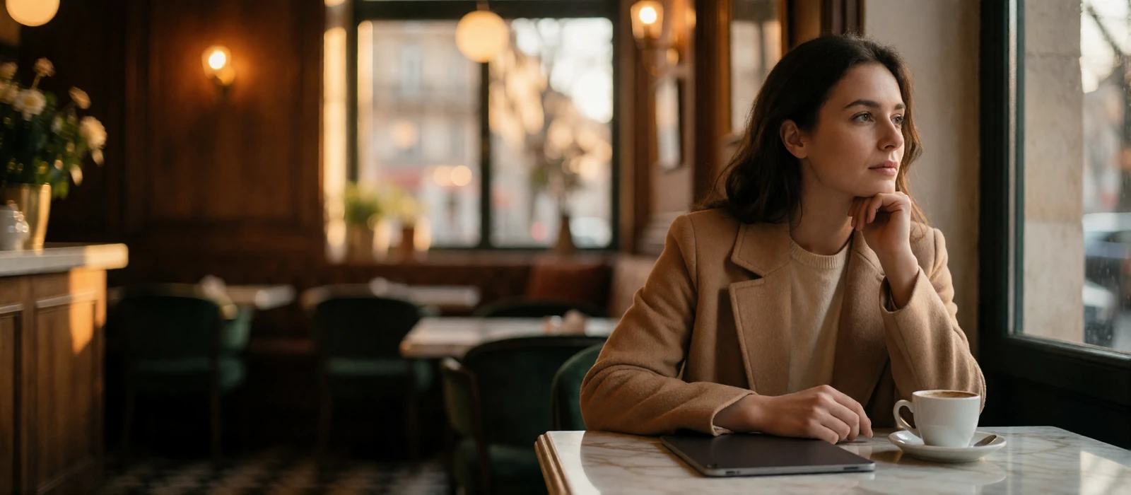 European woman in a camel coat resting her chin on her hand while looking out a cafe window beside a closed tablet and espresso cup