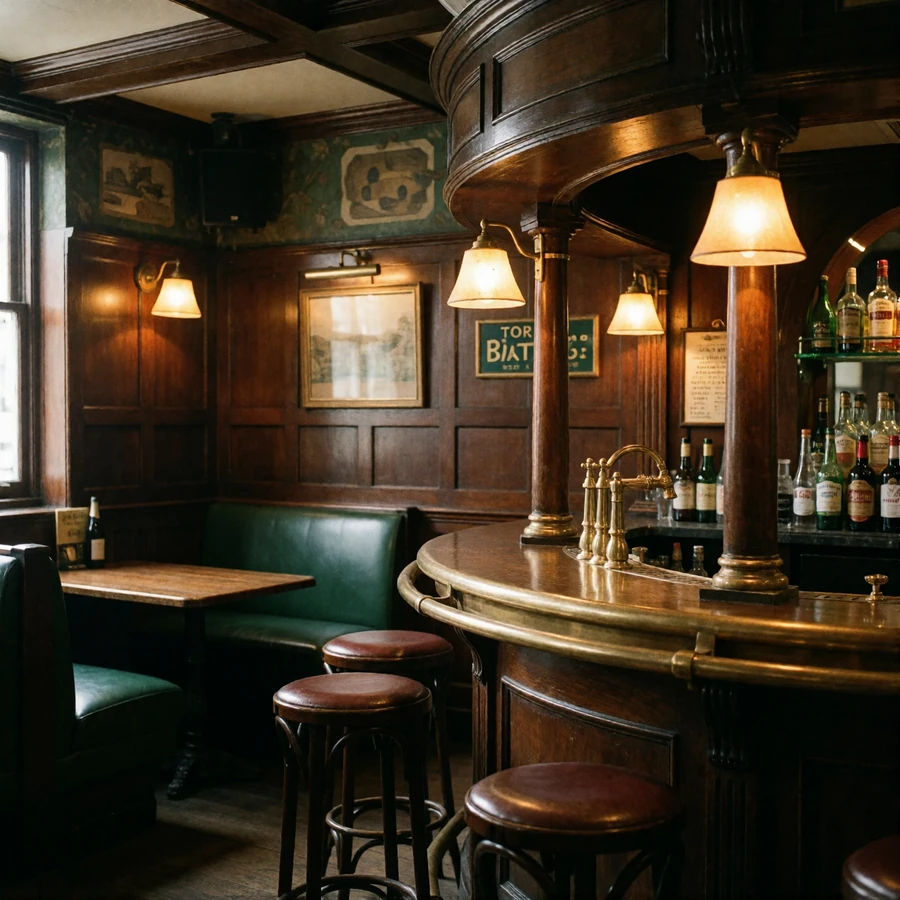 Warm timber and brass interior of a traditional Dublin pub with amber lamps glowing at early evening