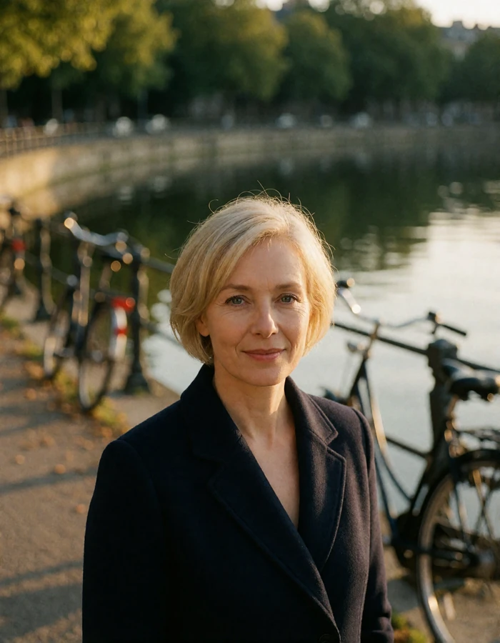 Dutch woman in her forties with a short blonde crop and a navy coat on a waterside promenade
