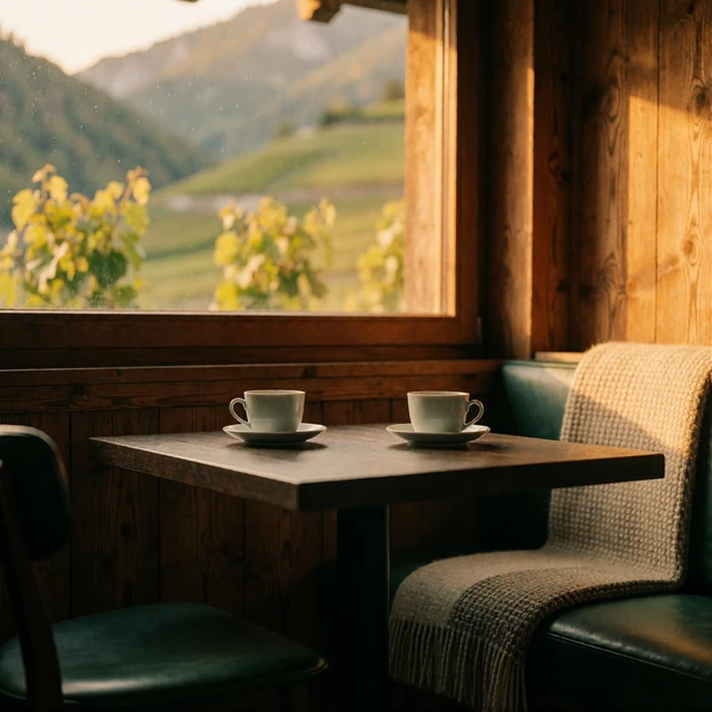 Quiet alpine chalet lounge corner with porcelain cups on a dark wood table and vineyard terraces visible through the window
