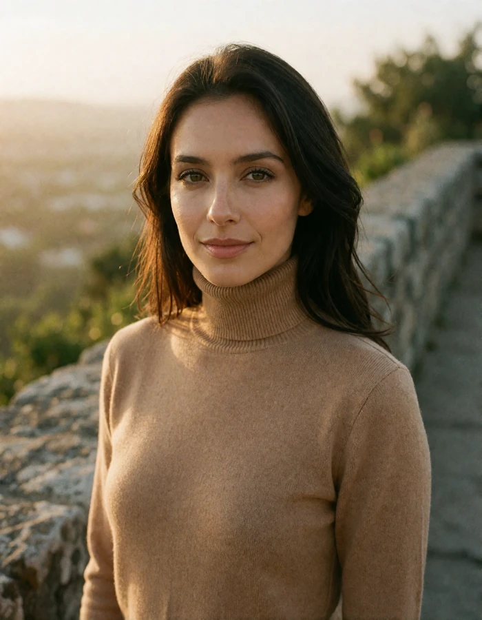 San Marinese woman in her early thirties with dark hair and a camel turtleneck on a stone ridge walkway above a hazy valley