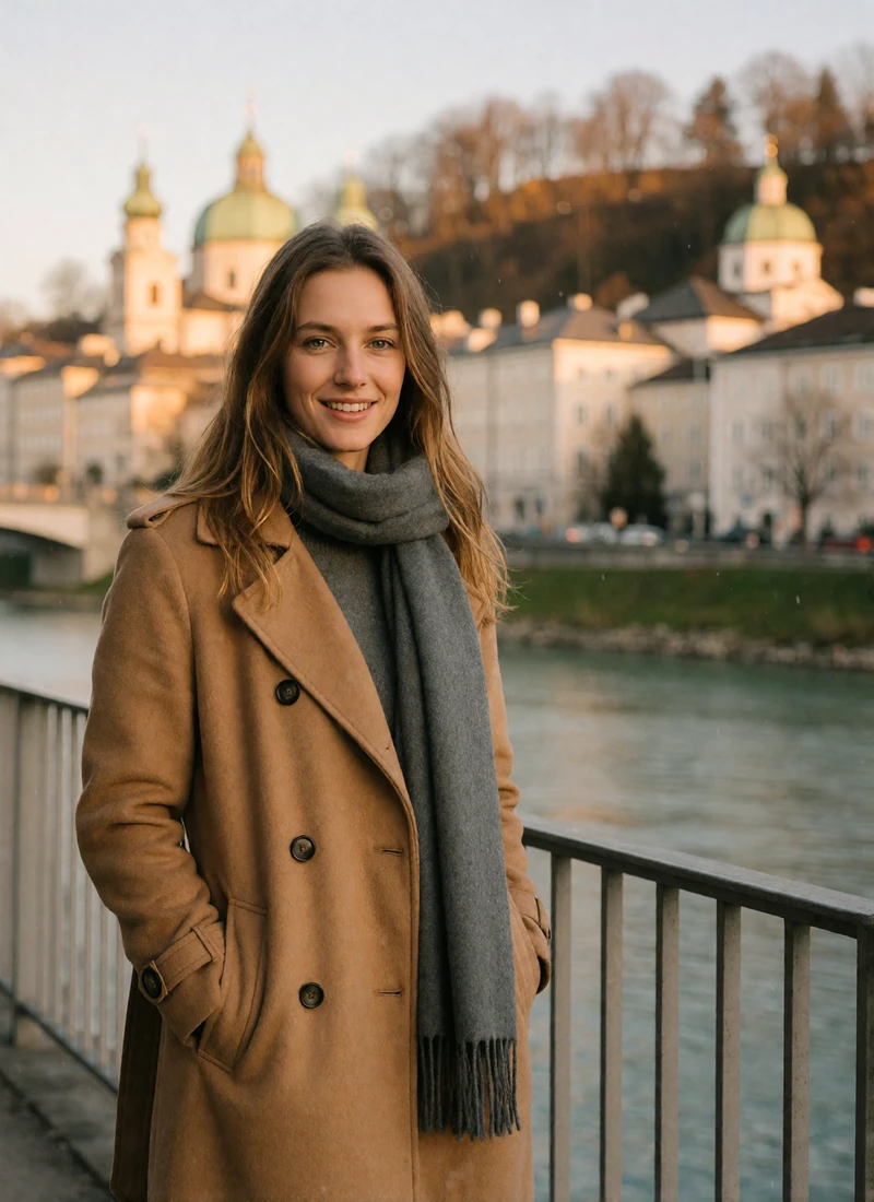 Austrian woman in her late twenties with long light-brown hair in a camel trench coat on a Salzburg riverside walkway