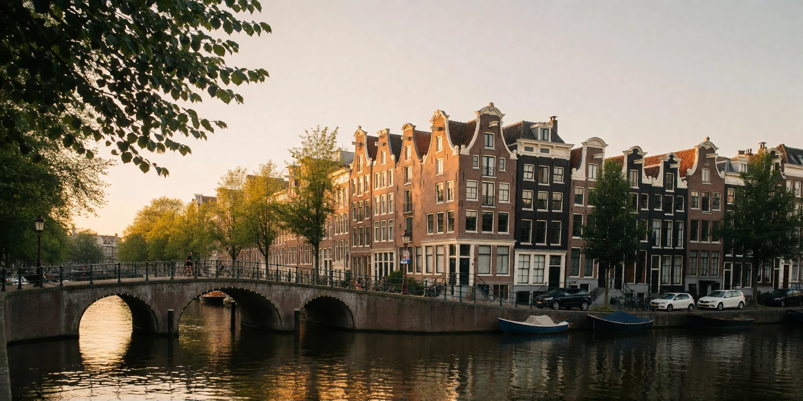 Wide golden-hour view of an Amsterdam canal lined with narrow gabled brick houses and an arched stone bridge