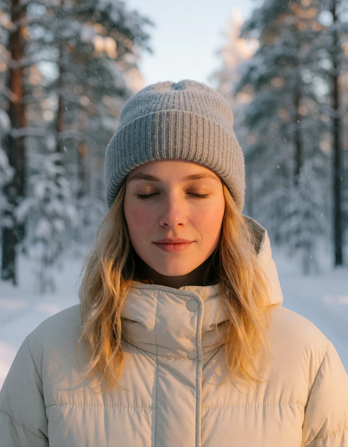 Finnish woman in a cream padded coat and grey beanie standing in a snow-laden pine forest