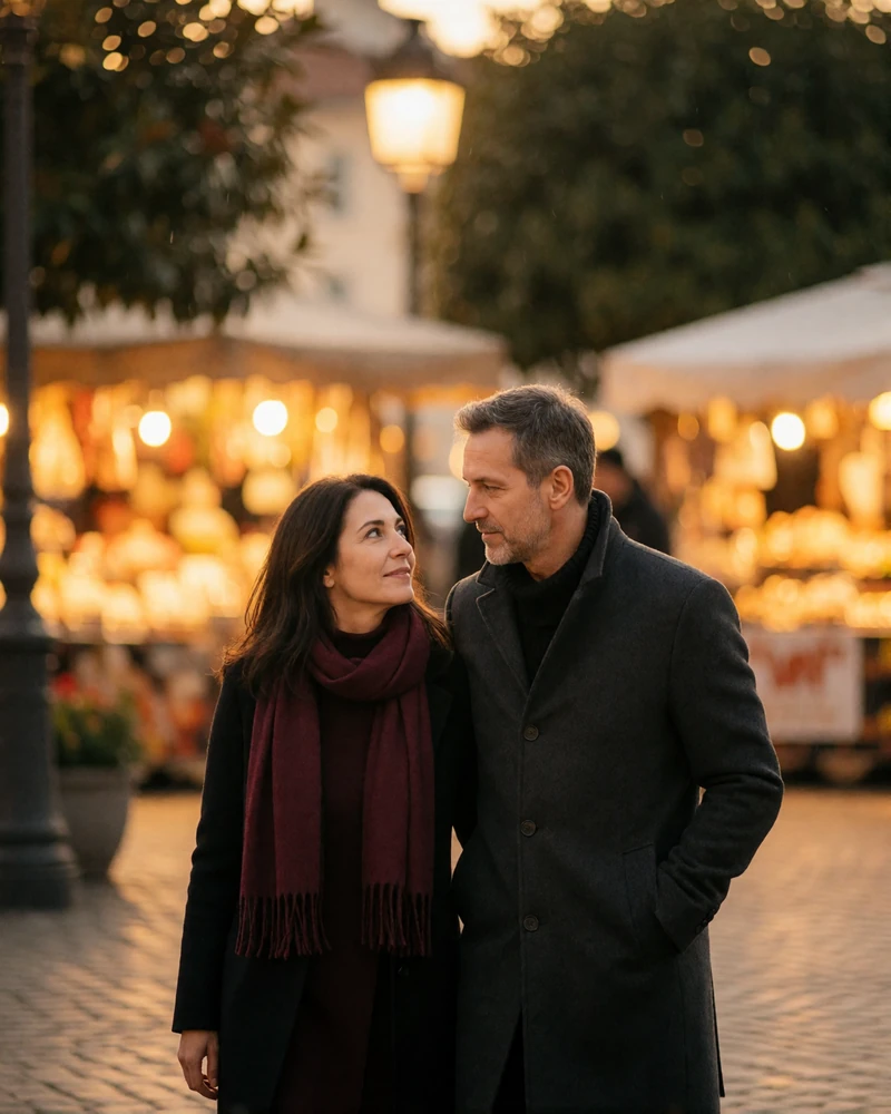 Couple in their forties walking together through an evening city square with warm amber lamplight