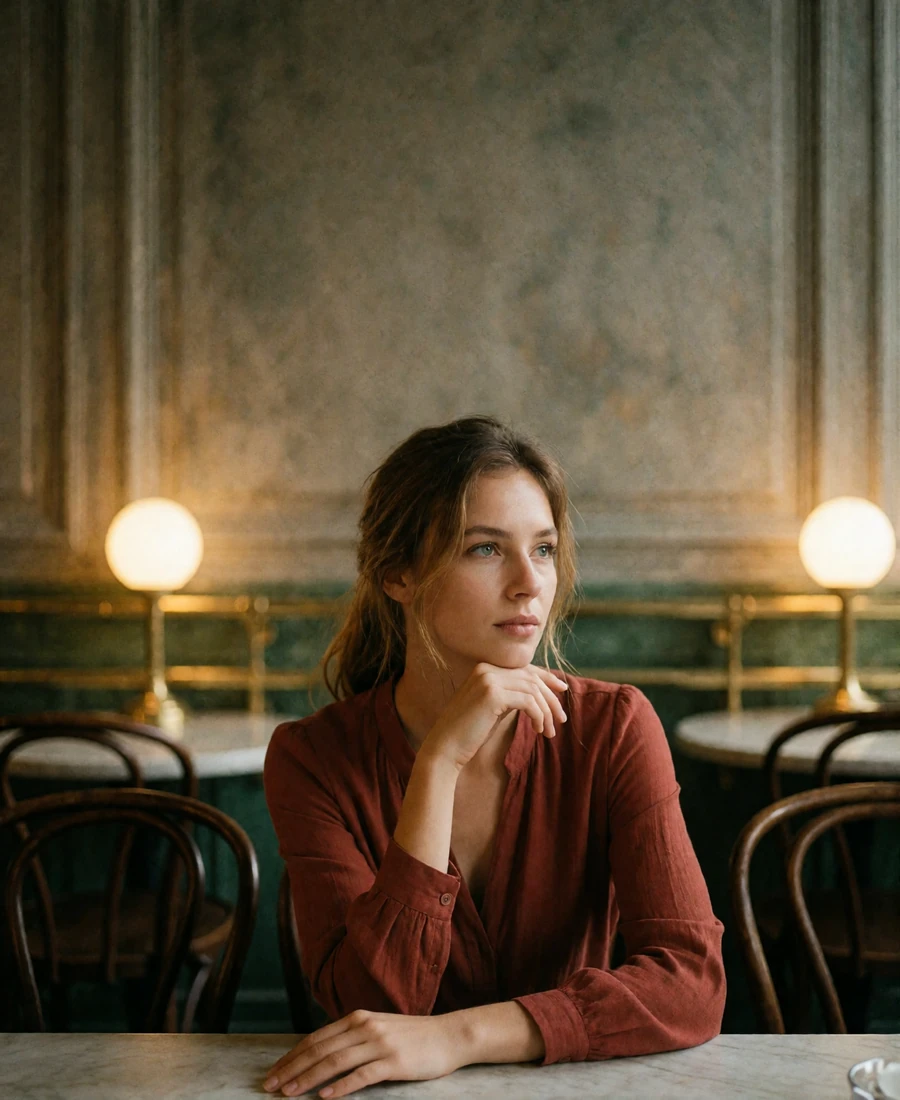 Thoughtful woman at a marble cafe table in a historic Central European coffee house, considering her matches