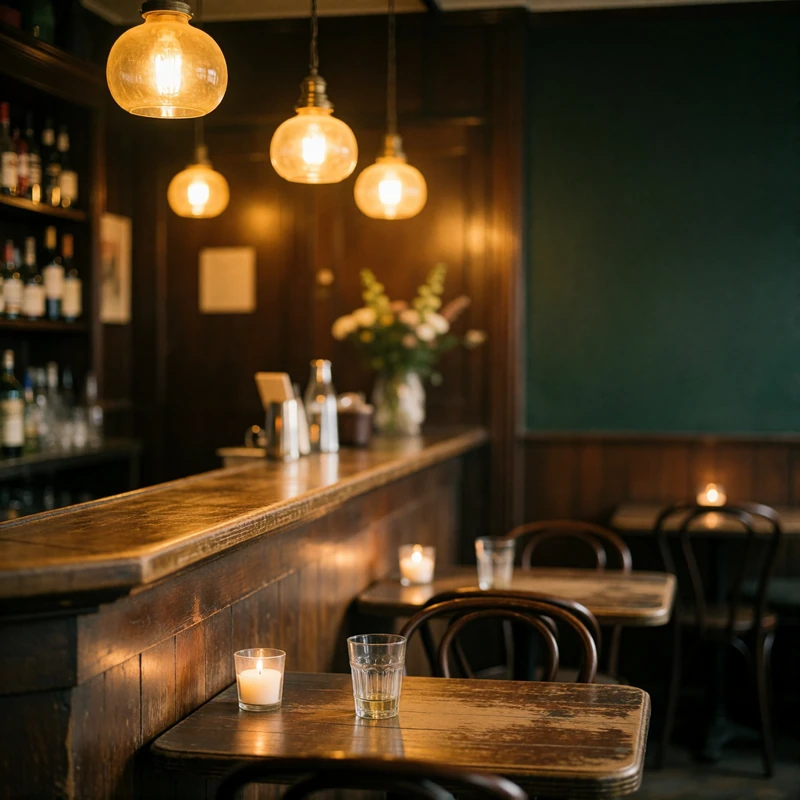 Warm timber interior of a traditional Amsterdam brown cafe with a worn wooden bar and amber pendant lights