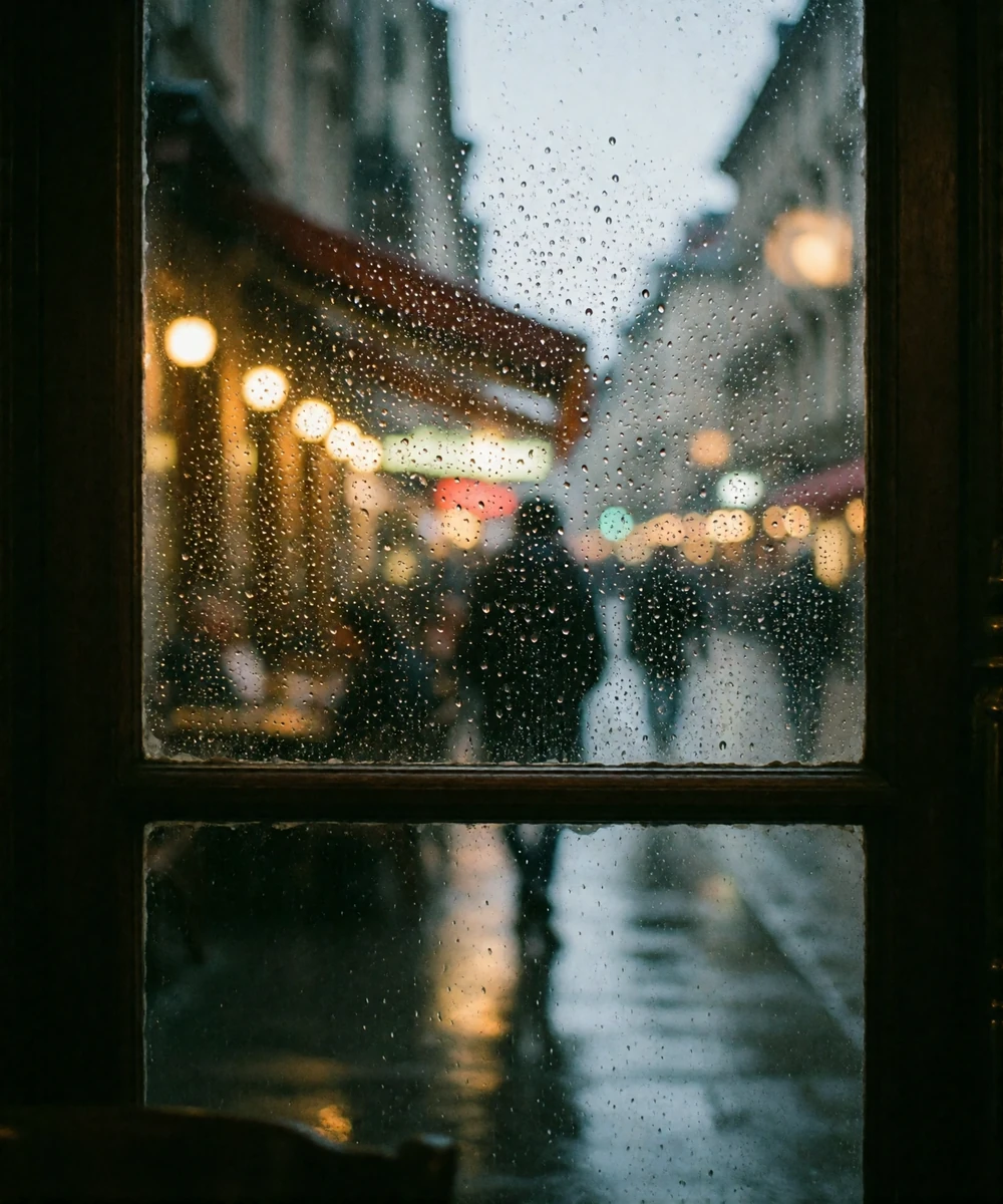 View from inside a dim European cafe through a rain-beaded window onto an evening street with blurred amber streetlights