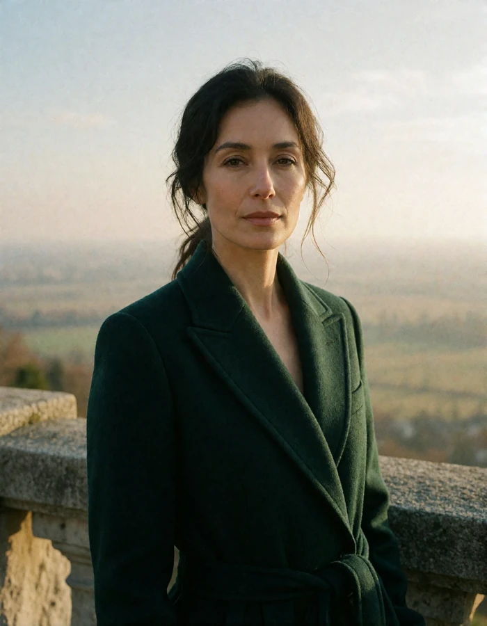 Elegant San Marinese woman in her early forties with a deep-green wool coat standing at a stone overlook railing