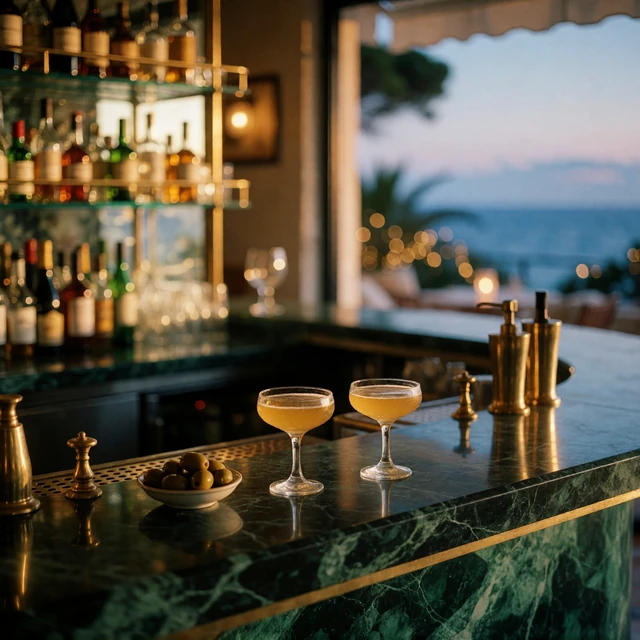 Marble bar counter with two coupe glasses and dim brass fittings inside an upscale Riviera cocktail bar at dusk