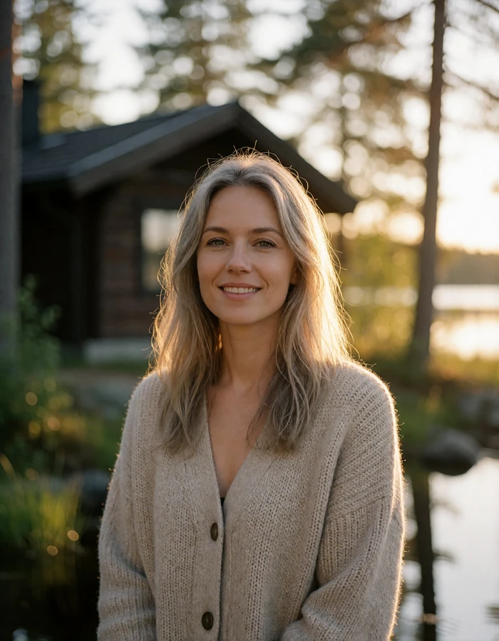 Finnish woman with ash-blonde hair in an oatmeal cardigan near a lakeside timber cabin at sunset