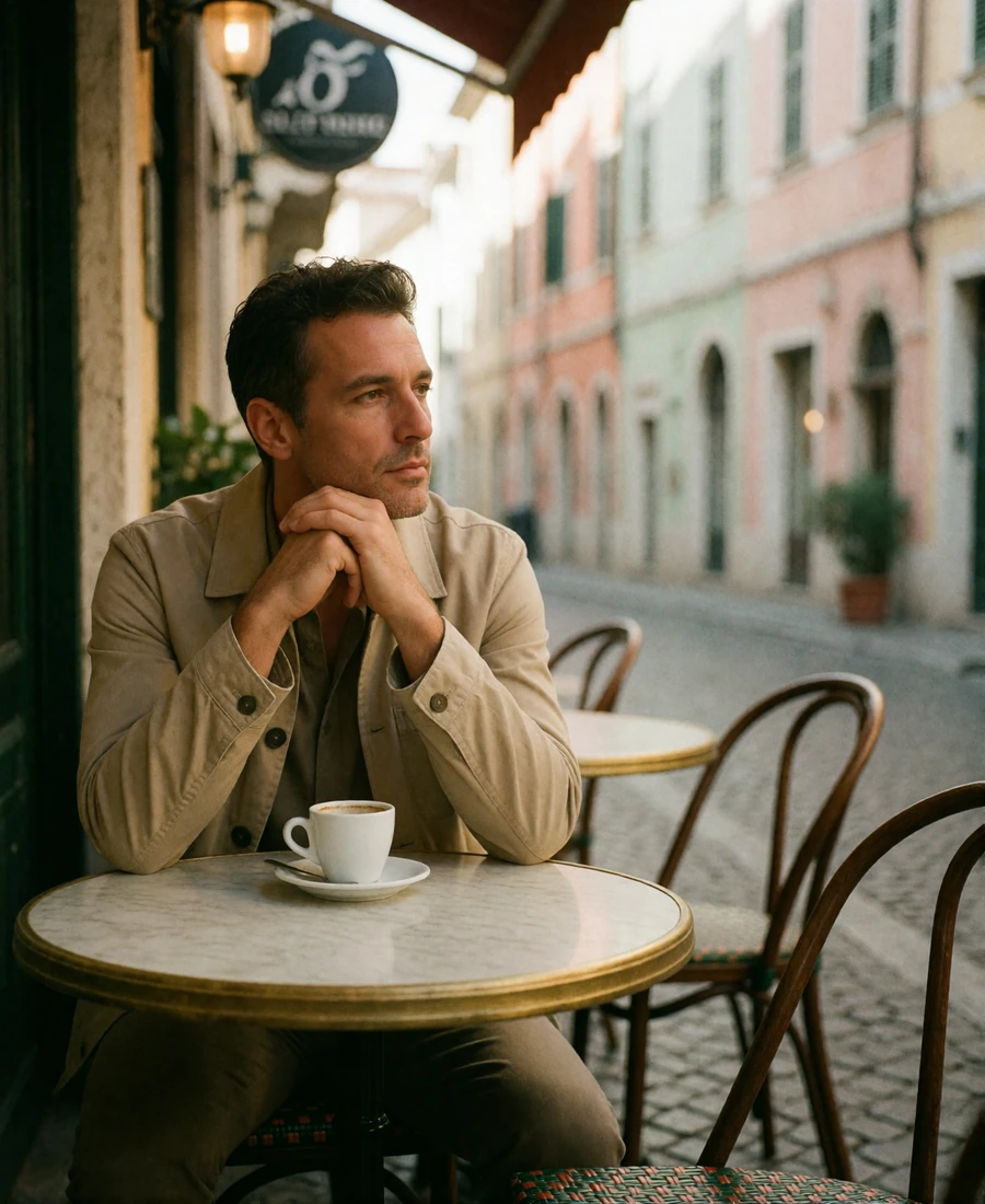 Man in his forties sitting alone at a marble cafe table on a European terrace, thinking before writing