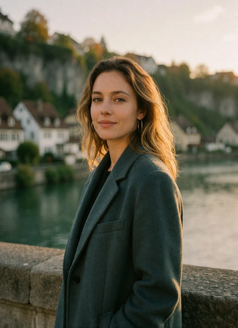 Luxembourgish woman in her early thirties with wavy dark-blonde hair on a stone bridge in the Grund quarter