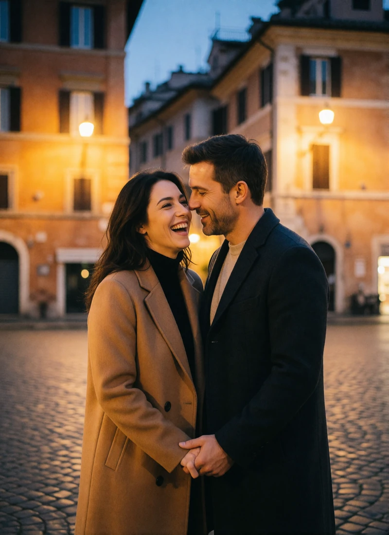 Couple in their late thirties standing close together in a Roman piazza at blue hour