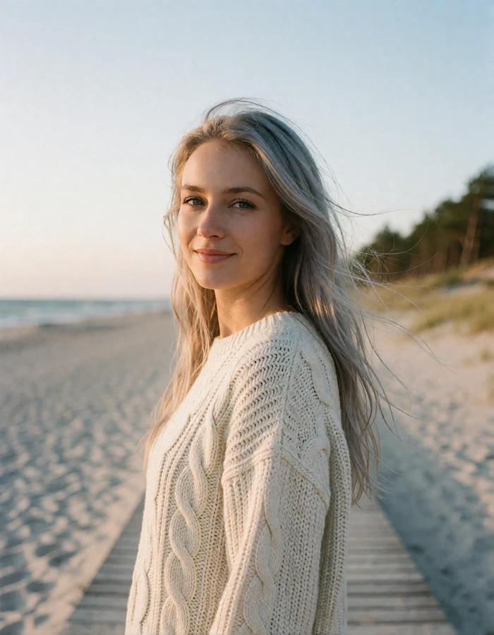 Latvian woman in her late twenties with long ash-blonde hair on a Baltic Sea beach boardwalk near Jurmala