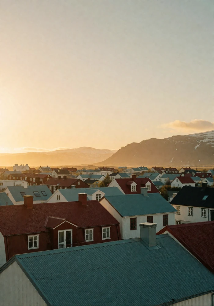 Low corrugated rooftops of Reykjavik in muted red and teal with dark mountains beyond