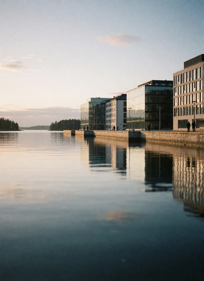 Oslo fjord waterfront with modern quayside architecture and calm dark water at dusk