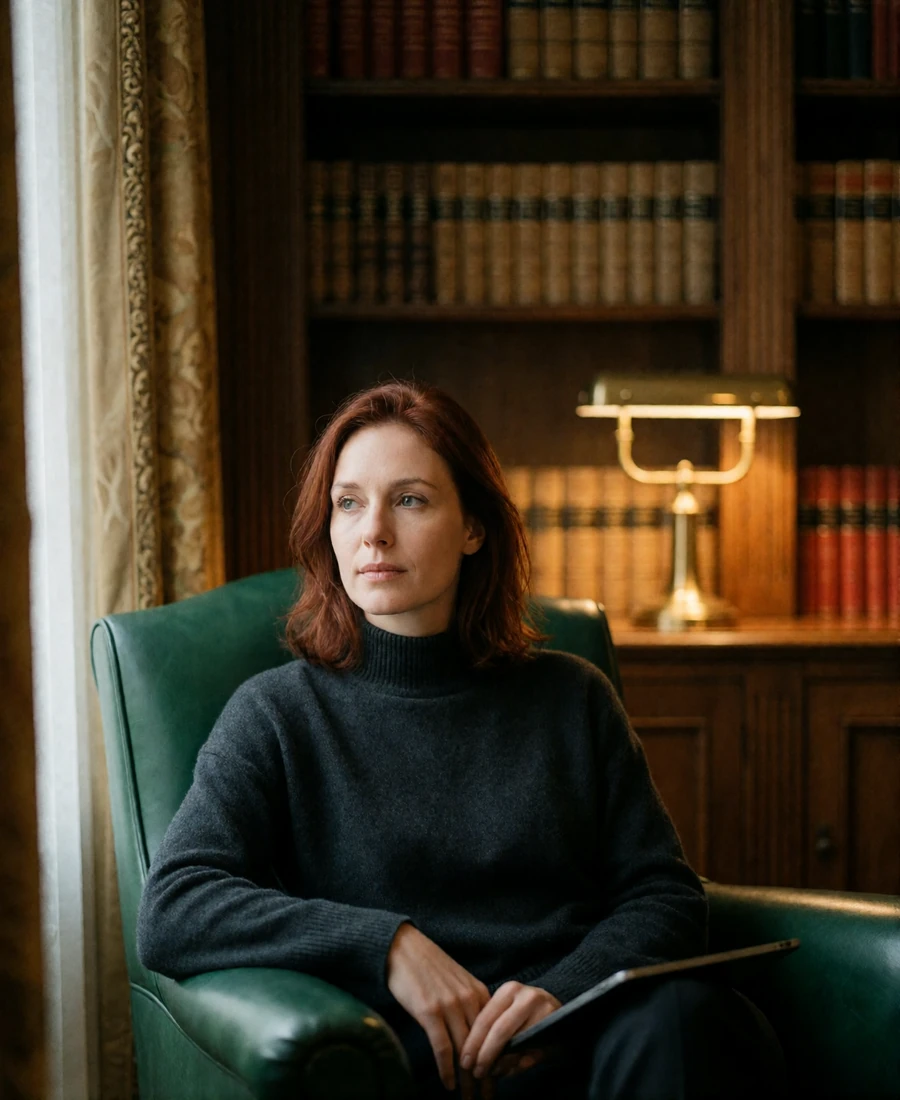 Woman reading calmly in a wood-panelled European hotel library, tablet resting face-down on her knee