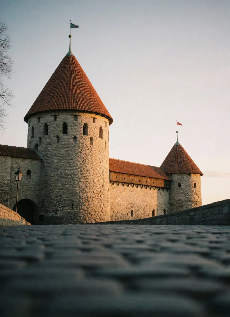 Medieval Great Coastal Gate towers of Tallinn with red conical roofs and rough limestone walls