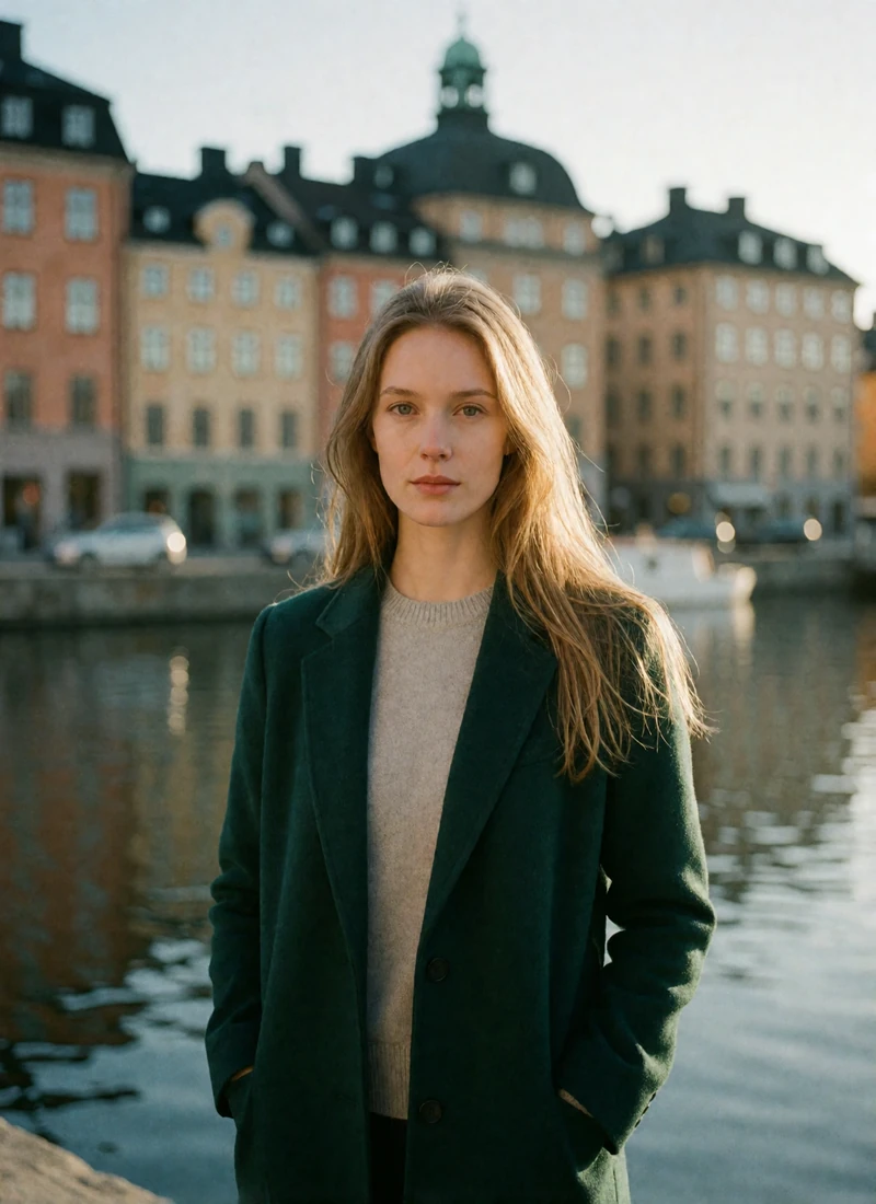 Swedish woman with long blonde hair in a grey cashmere sweater on a Stockholm waterfront street