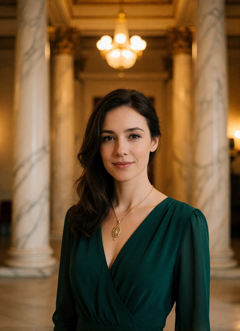 Austrian woman in her early thirties in a deep emerald evening dress standing in an opera-house foyer of pale marble columns