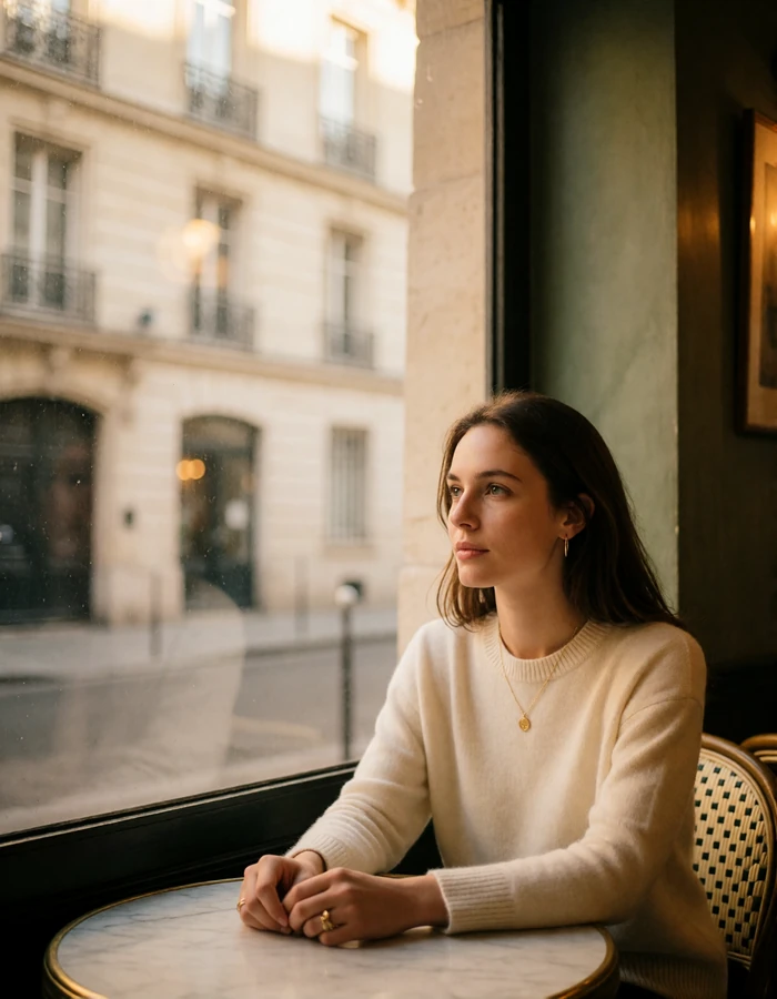 European woman sitting thoughtfully at a marble cafe table beside a tall Parisian window