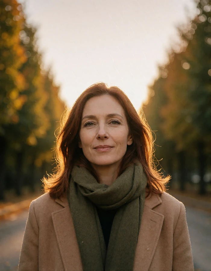 German woman in her forties with shoulder-length auburn hair and an olive scarf over a camel coat on an autumn avenue