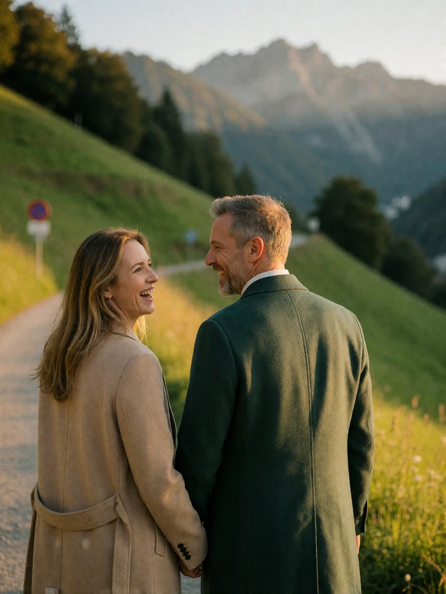 Couple in their forties walking together on a mountain path above the Rhine valley, the woman laughing as she looks back