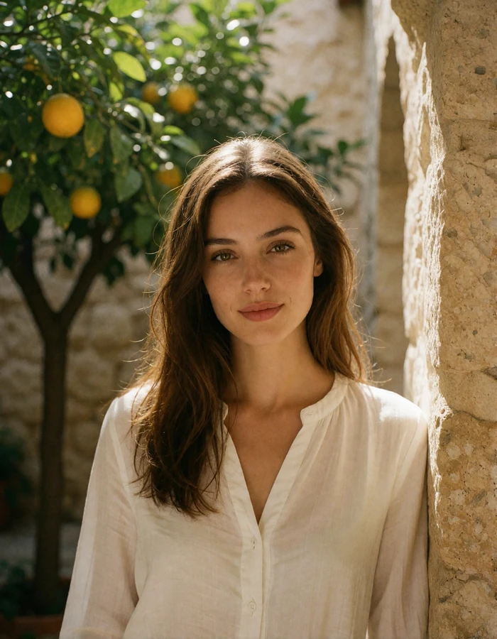 Cypriot woman in her late twenties smiling in a shaded stone courtyard with a citrus tree