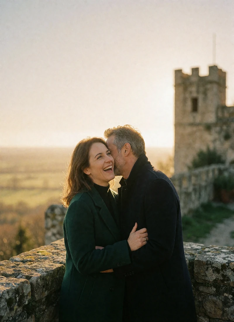 Couple in their forties standing close together on a stone terrace above San Marino with the hazy plain glowing behind them