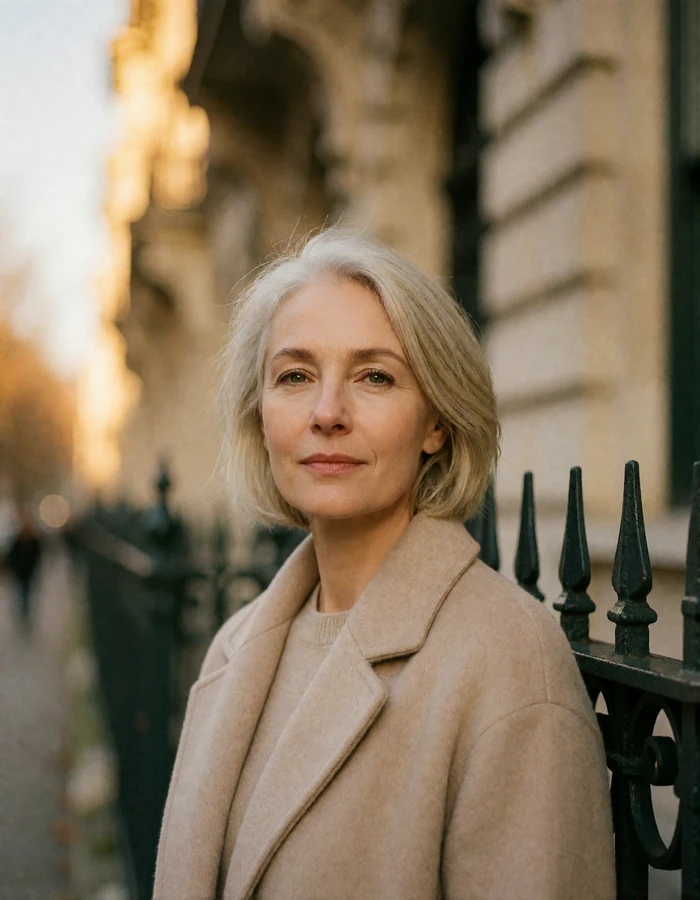 Poised British woman in her forties with short silver-blonde hair and a beige cashmere coat beside a limestone facade