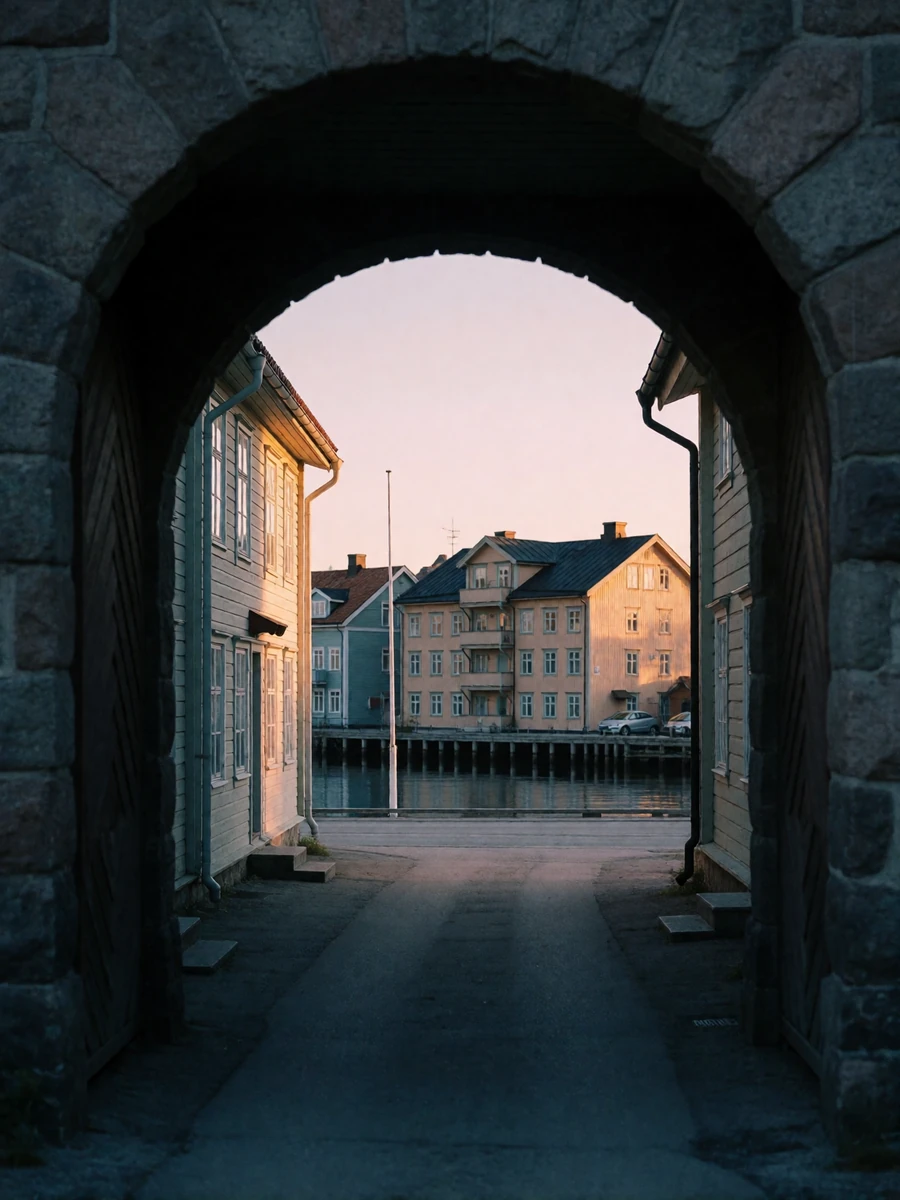 View through a stone archway onto a Scandinavian harbor street with pastel timber facades