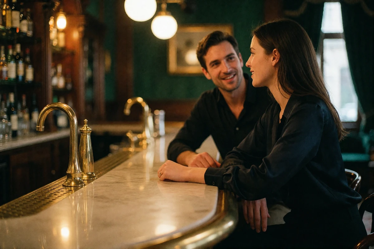 Couple in animated conversation at an elegant European cocktail bar counter, illustrating a personalized first message