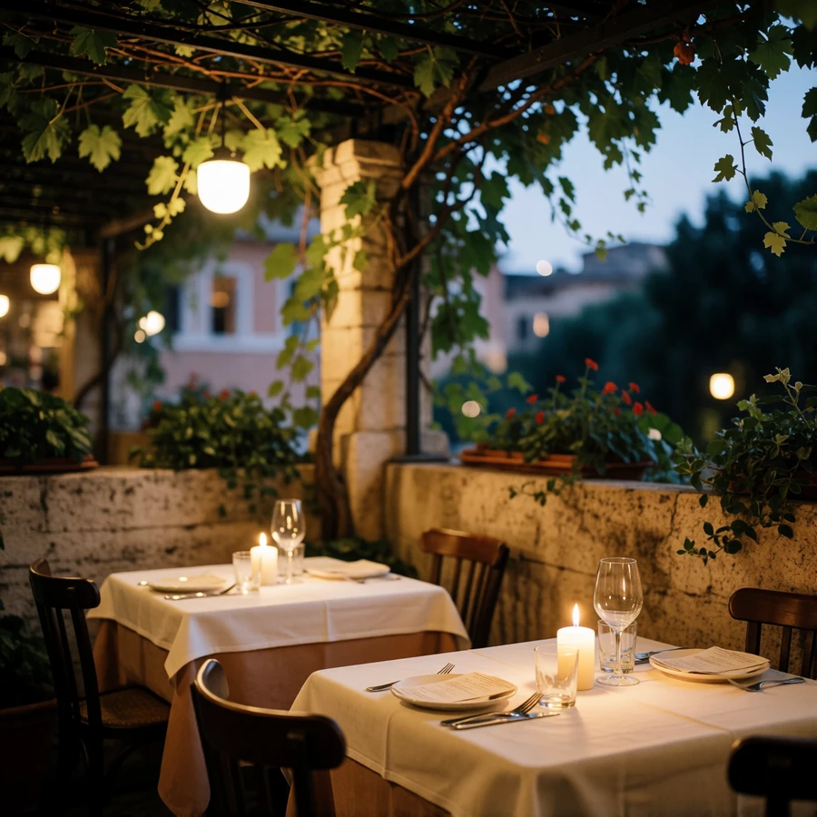 Intimate Roman trattoria terrace with candlelight beneath a vine-covered pergola at dusk