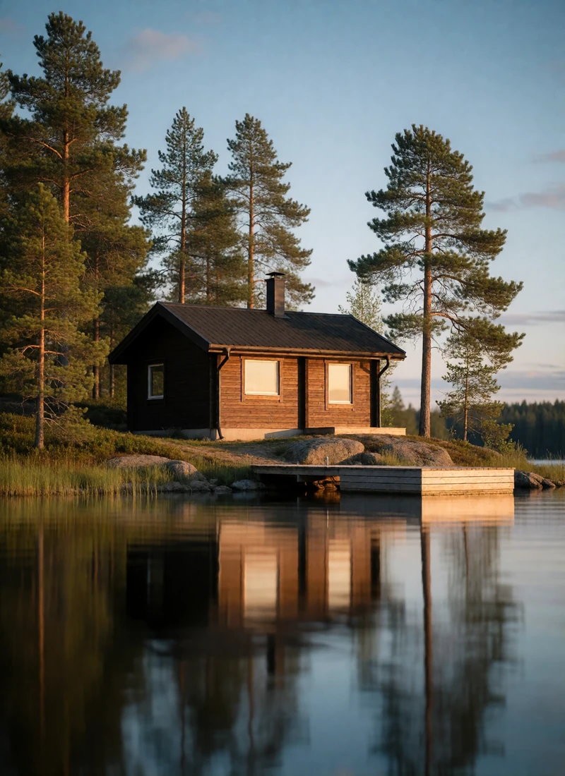 Simple dark timber lakeside cabin among pines on a Finnish shoreline at dusk with a wooden dock