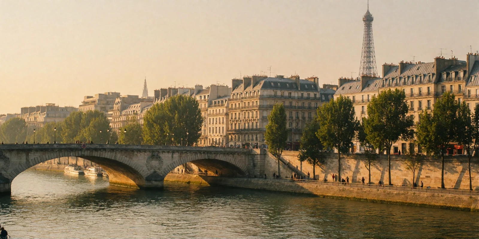 Golden-hour panorama along the Seine in Paris with a stone arch bridge and Haussmann-era facades