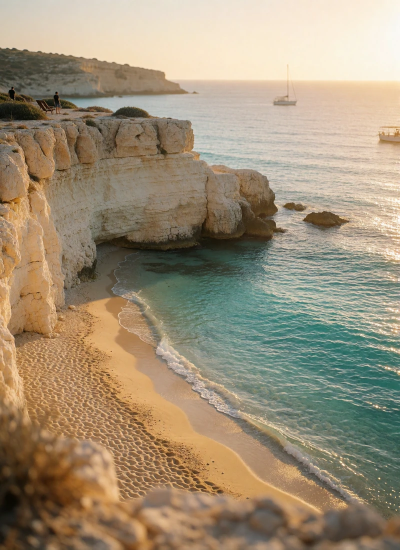 Pale limestone cliffs and turquoise Mediterranean water along the Cypriot coastline at golden hour