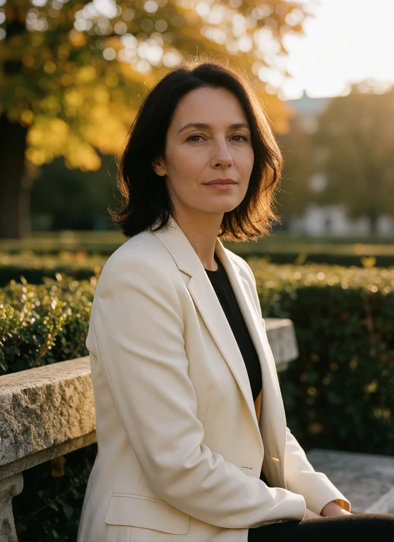 Austrian woman in her late thirties in a tailored ivory blazer seated on a stone bench in a Viennese palace garden