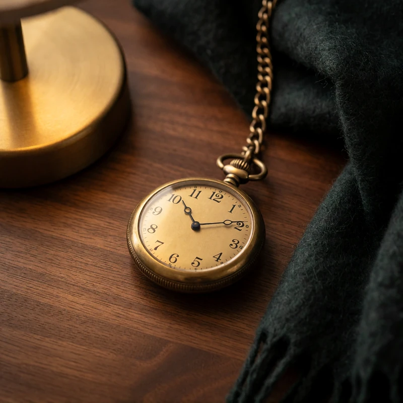 Vintage brass pocket watch resting on a dark walnut table beside a folded charcoal wool scarf