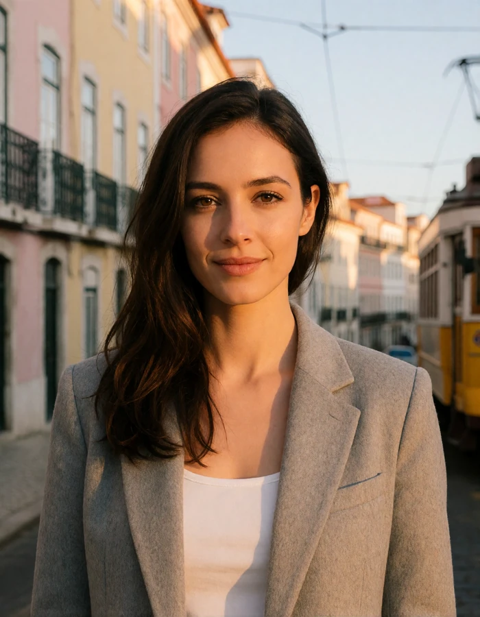 Portuguese woman in her early thirties with dark hair and a grey blazer on a defocused Lisbon street at evening