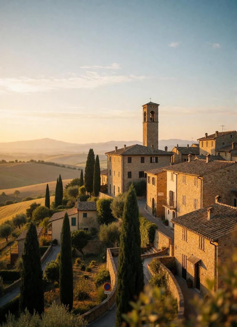 Honey-colored Tuscan hill town with a slender tower rising above cypress-lined fields at golden hour