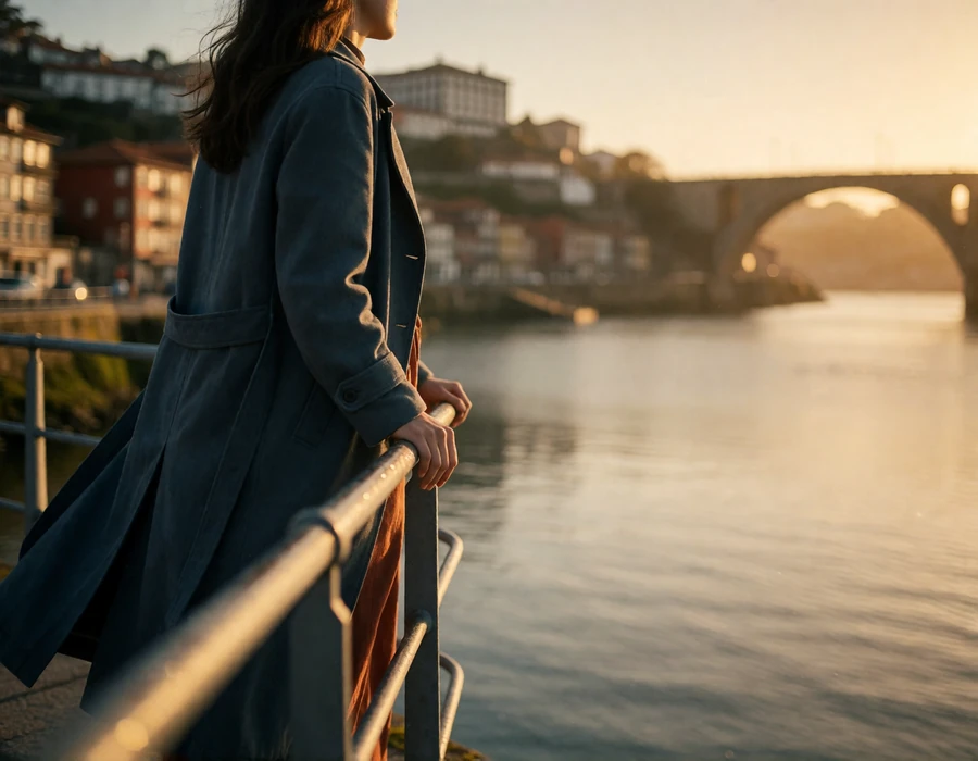 Woman at a Porto riverside railing looking toward bridge arches and terraced houses at warm evening light