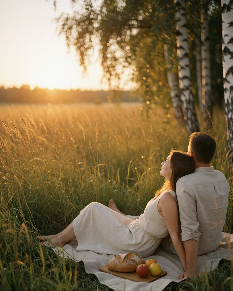 Couple sitting on a linen blanket at the edge of a birch grove in the Lithuanian countryside at golden hour