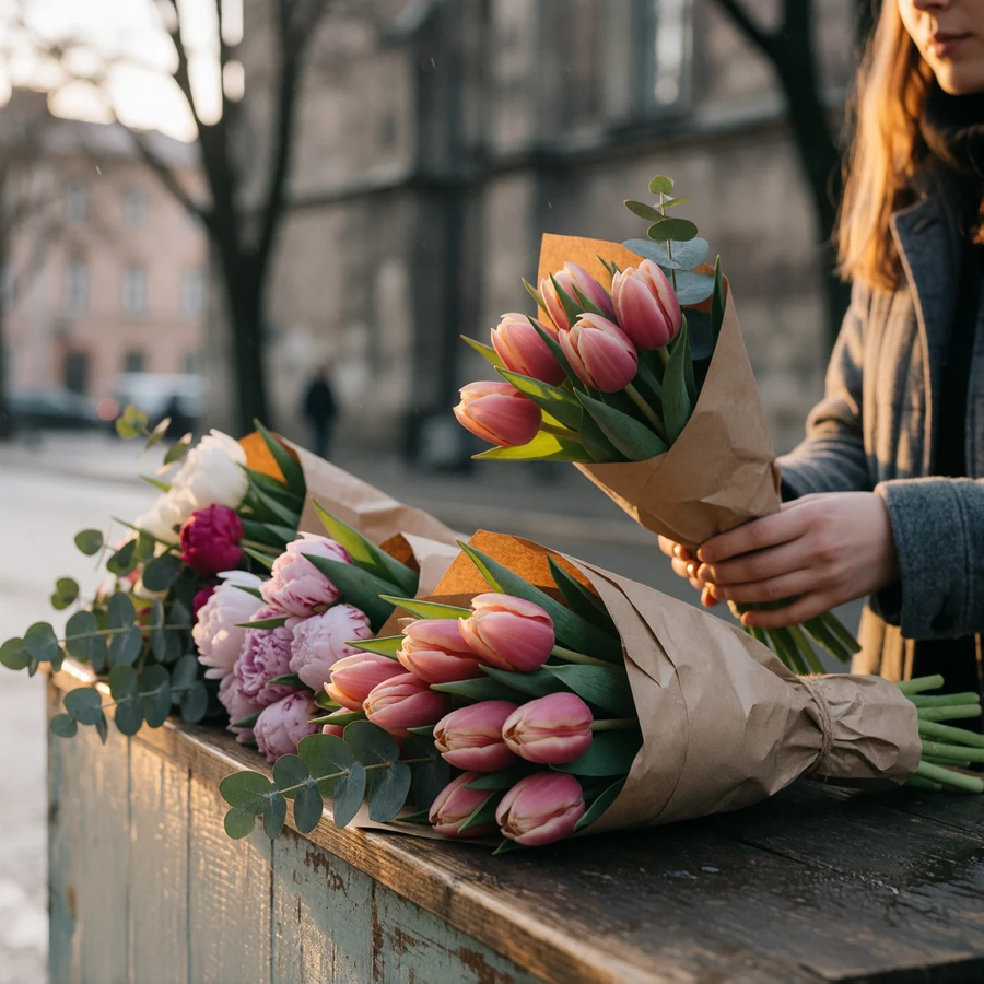 Close view of a Riga flower market stall with bunched tulips and peonies wrapped in kraft paper