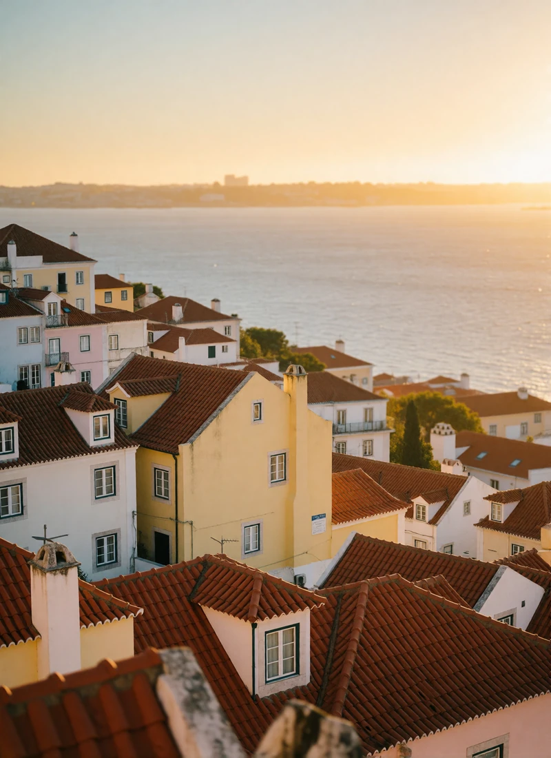 Lisbon hillside rooftops in pastel yellow and white with terracotta tiles stepping down toward the river at golden hour