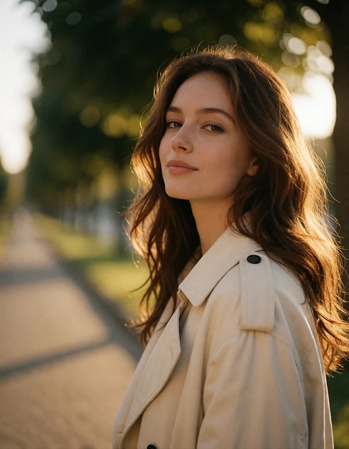 French woman in her late twenties with long chestnut waves wearing a cream trench coat on a boulevard