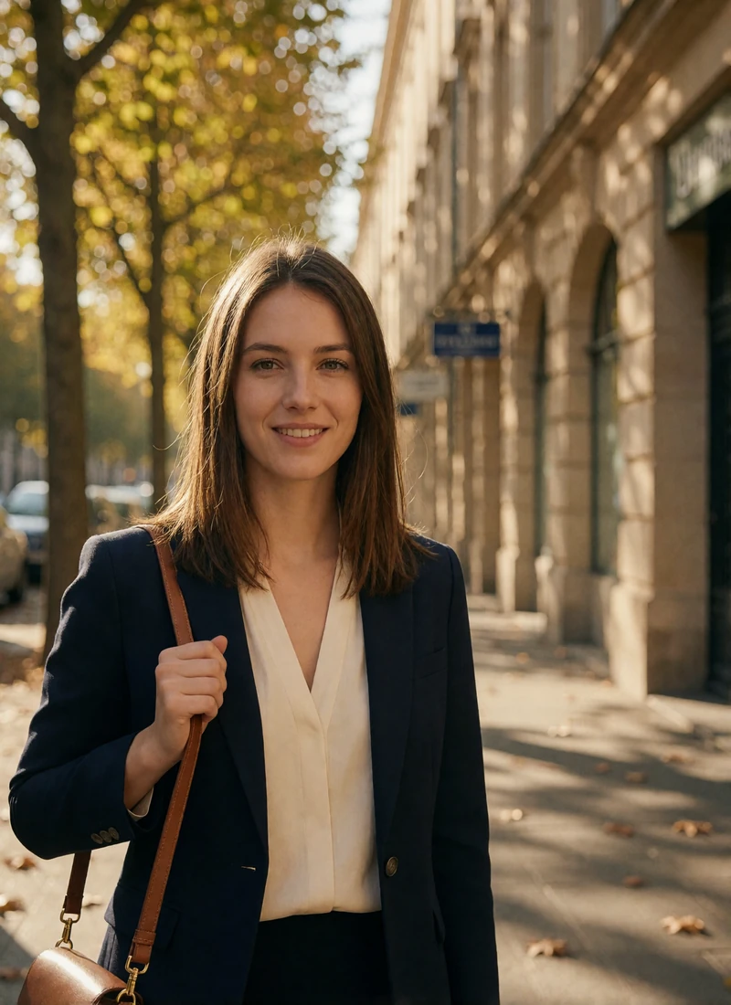 Luxembourgish woman in her late twenties with straight brown hair on a tree-lined boulevard in Luxembourg City