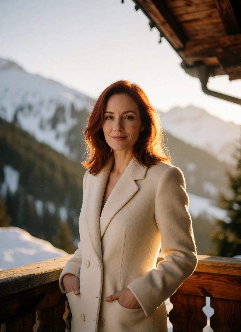 Swiss woman in her late thirties with auburn hair standing on a wooden chalet terrace in the Alps