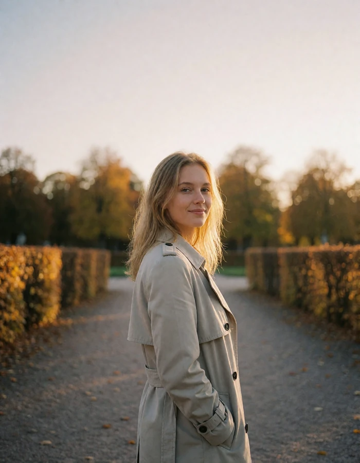 Estonian woman in a pale grey trench coat smiling on a gravel path in Kadriorg park, Tallinn