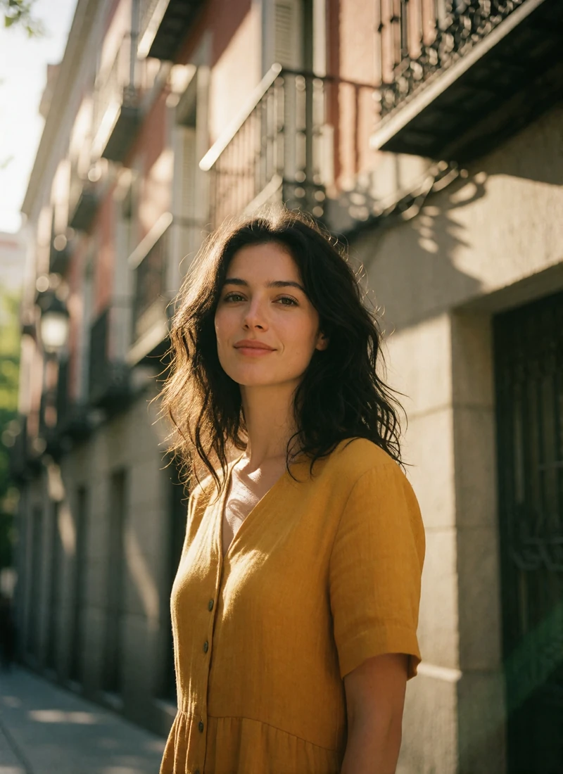 Dark-haired Spanish woman in an ochre linen dress in front of a sunlit Madrid facade